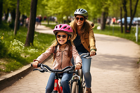 母女骑自行车游园背景图片
