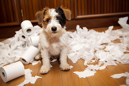 淘气的小狗给卫生纸带来的灾难高清图片