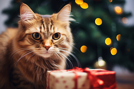 圣诞树旁的小猫咪图片
