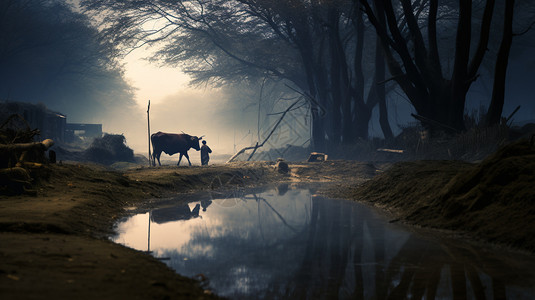 风景和人黄昏放牛的人背景