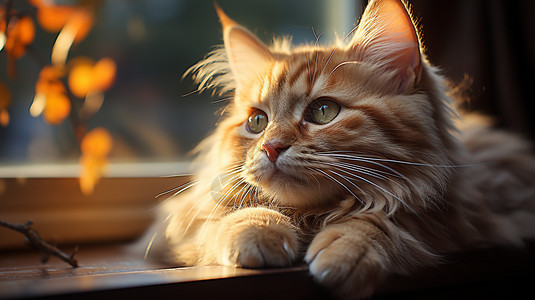 躺在窗台上的橙色虎斑猫抬头图片
