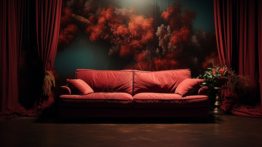 红色的复古沙发图片