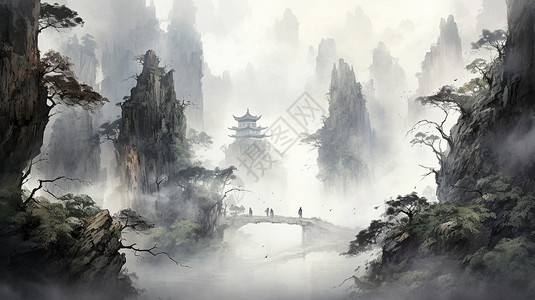 水墨画上的石桥背景图片