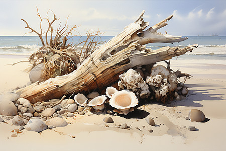 海滩上的树干和贝壳图片
