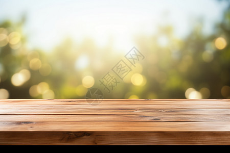朦胧自然景观前的木桌图片