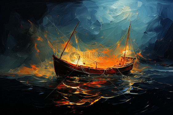 创意艺术海洋中的渔船图片