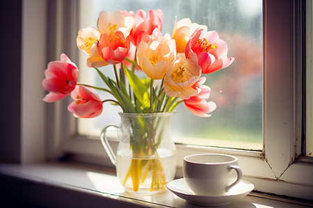 窗前郁金香和咖啡图片