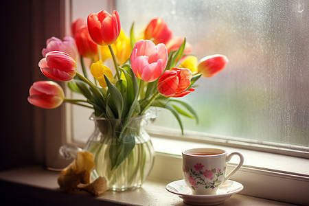 窗台上的咖啡和郁金香花瓶图片