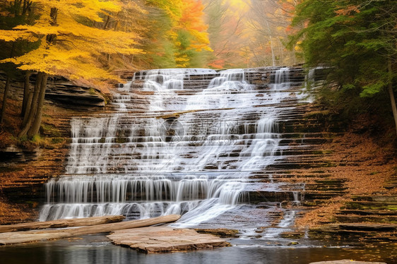 秋叶环绕的瀑布图片