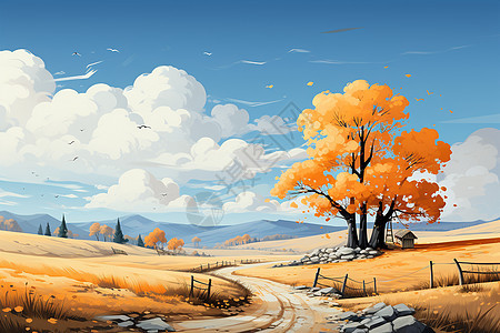 手绘秋天色彩的乡村景观图片