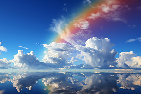 天空中的彩虹倒映在湖面上图片