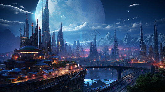未来派霓虹灯城市景观图片