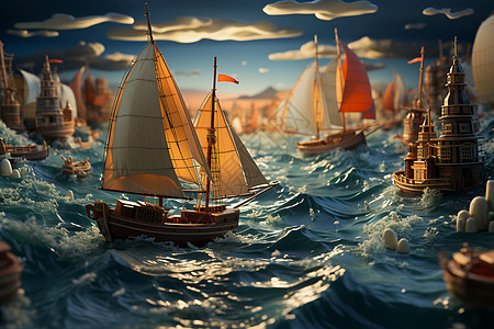 海浪中航行的帆船图片