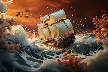 波涛汹涌海浪中的帆船图片