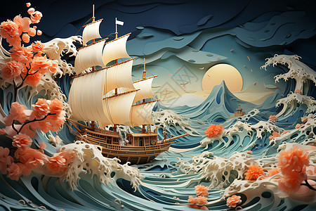 创意海上的帆船插图图片