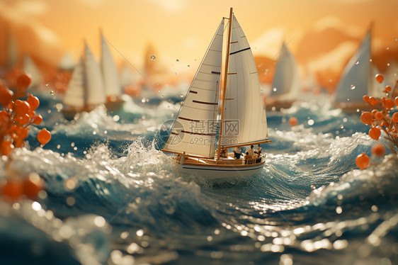 创意海洋中航行的帆船图片