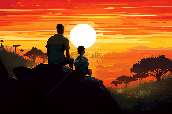 山坡上欣赏日落的父子图片