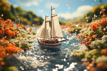 海浪中的帆船创意插图图片