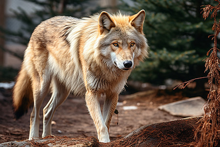 一只狼站在树旁图片