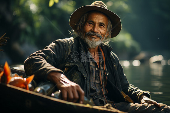 船上微笑的渔夫图片