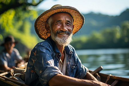 开心大笑的渔民河流高清图片素材