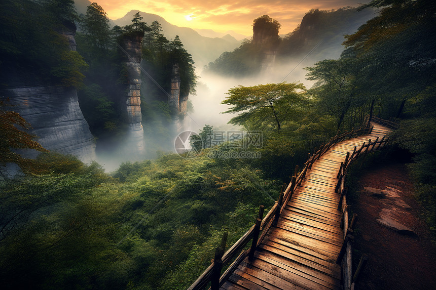 山水林间朦胧晨雾的景观图片