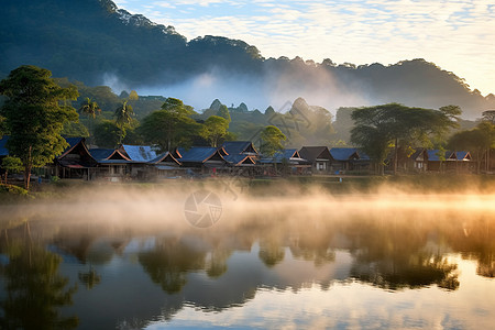 清晨山间湖泊的美丽景观图片