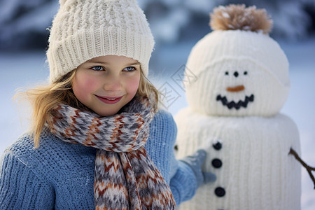 雪人旁的小女孩图片