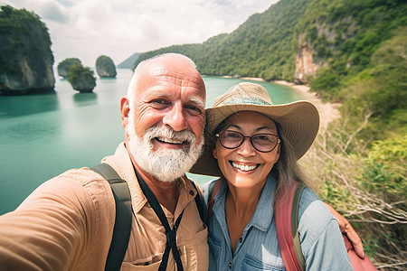 山谷中户外旅游的老年夫妻图片