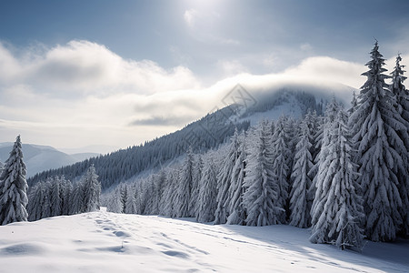 白雪覆盖的山间森林景观图片