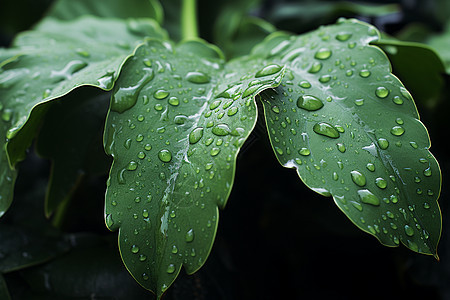 水滴点缀的绿色植物背景图片