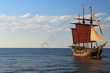 大海上的老式木质帆船图片