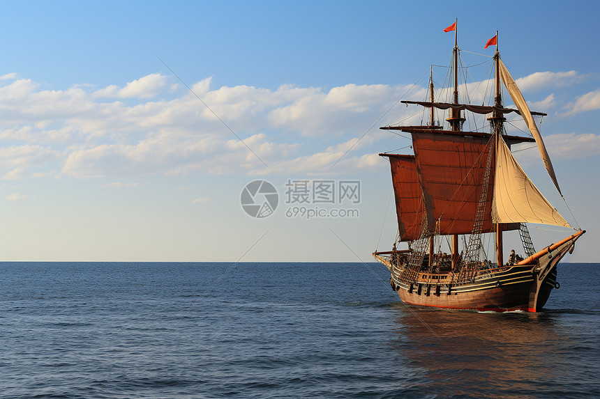 大海上的老式木质帆船图片