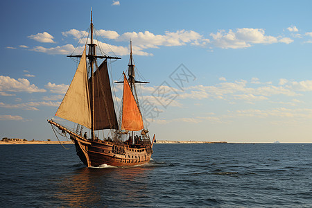 海面上航行的木质帆船图片