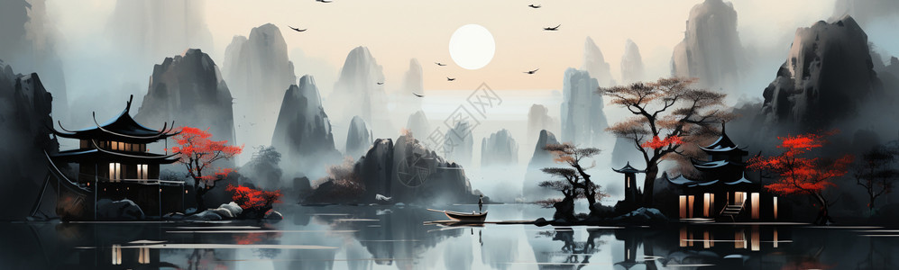东方艺术的山间风景水墨画背景图片