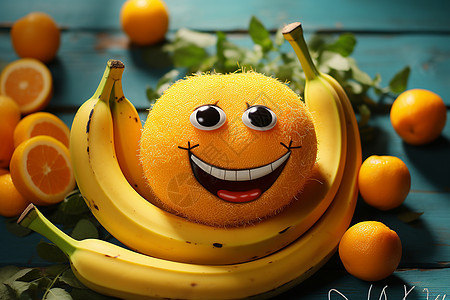 香蕉上的橙子笑脸玩偶背景图片