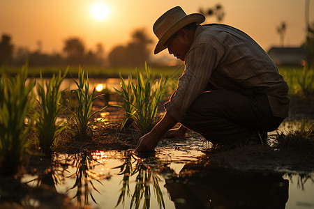 日出时水稻田中的农民农村高清图片素材