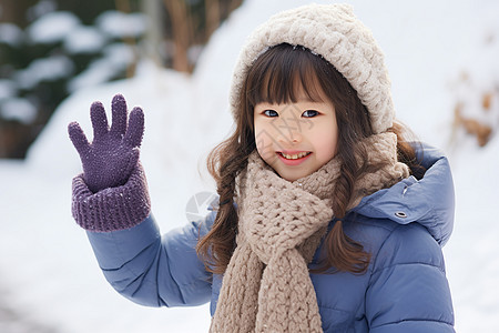 雪地里快乐招手的女孩图片