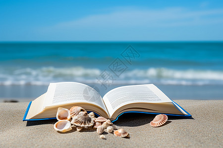 沙滩上一本展开的书图片