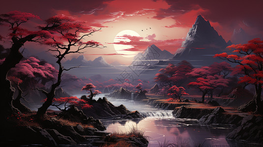 红色背景山水画图片