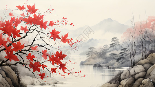 水边的红色枫叶图片