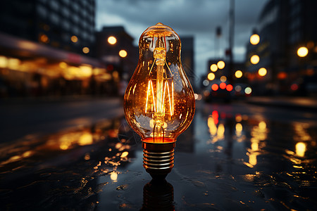 城市潮湿道路上的灯泡图片
