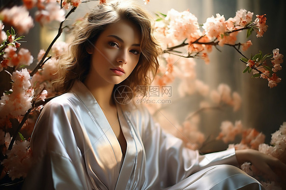 樱花树下优雅古典的女性图片
