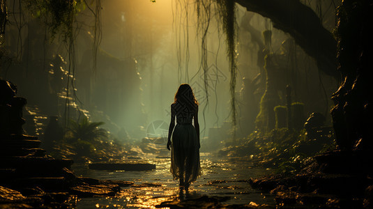 丛林深处的少女背影图片