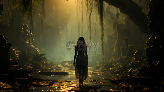 丛林深处的少女背影图片