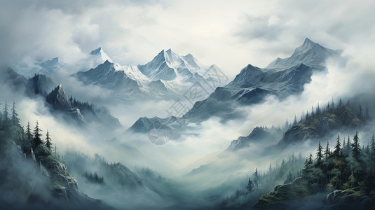 雾气弥漫的山脉插图图片