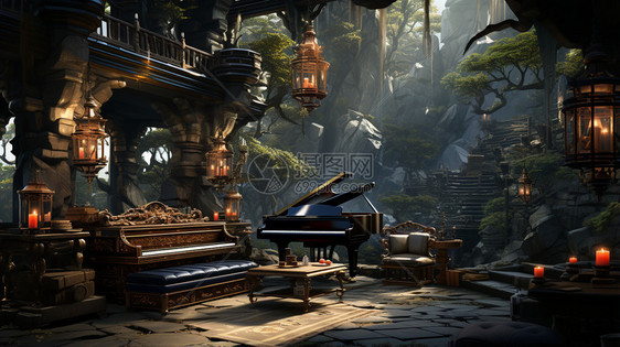 山间城堡中的钢琴图片