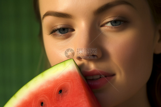 夏季吃西瓜的唯美女子图片