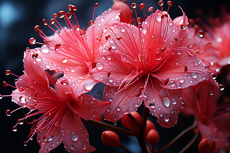 森林雨绚丽红色的神秘花朵设计图片