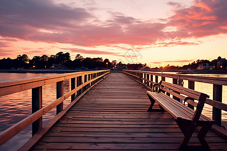 木桥上孤独的长凳图片